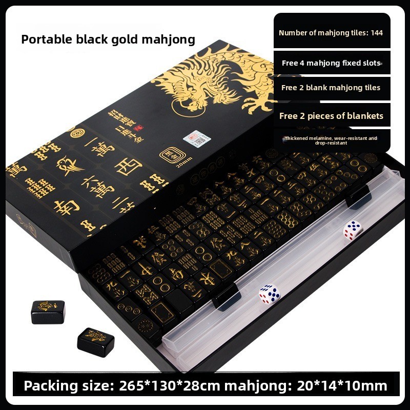 144 Pieces Black Gold Mahjong Tiles Set Household Mini Size Portable Outdoor Level Family Party Game
