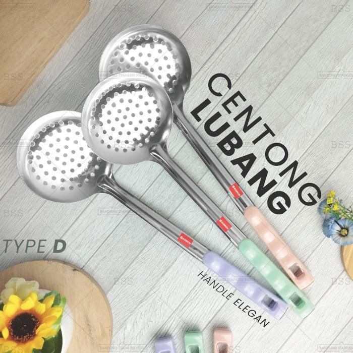 CENTONG LUBANG KUAH SUP SAYUR STAINLESS MURAH HANDLE PLASTIK TIPE D