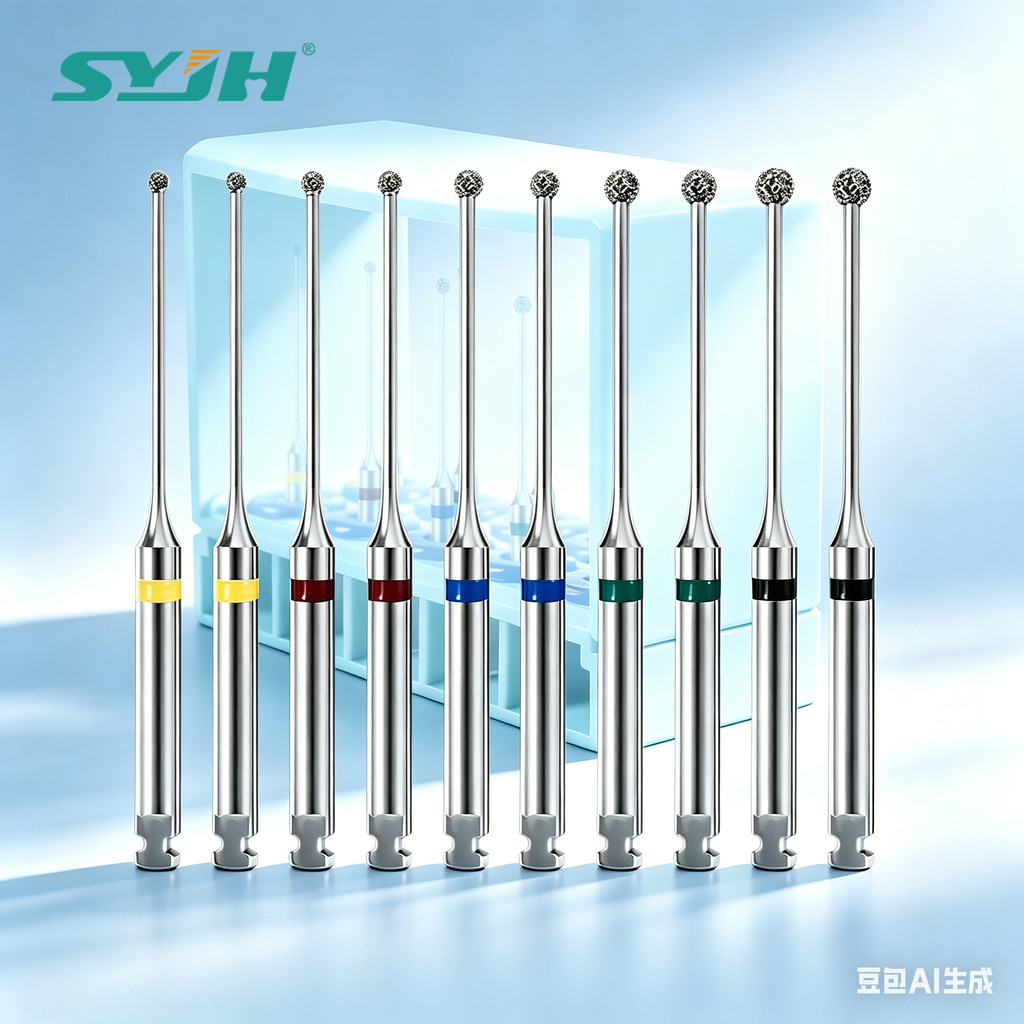 SYJH 10Pcs/set Dental Diamond Bur Stainless Steel Long Neck Round Drill Burs With 15mm Working Tips