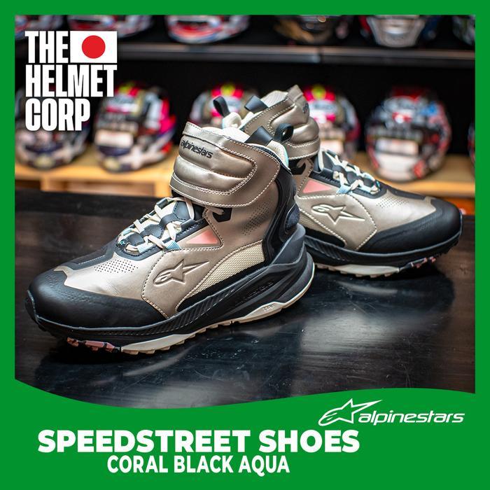 ALPINESTAR SPEEDSTREET SHOES Sepatu Riding Motor Touring Pria Warna Coral Hitam Aqua, Desain Stylish