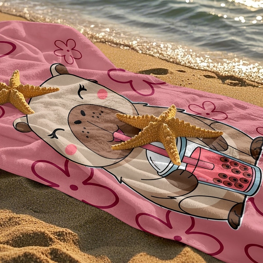 1pc Beach Towel, Cartoon Capybara Holding Pearl Milk Tea Beach Towel, Beach Towel, Very Suitable for