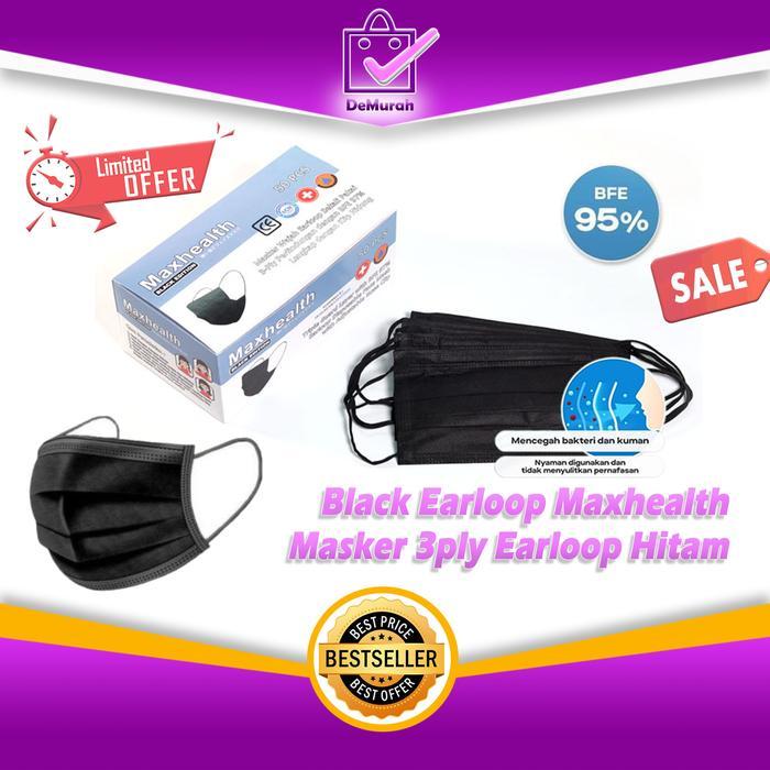 "New" Black Earloop Maxhealth Masker 3ply Earloop Disposable Mask All Hitam