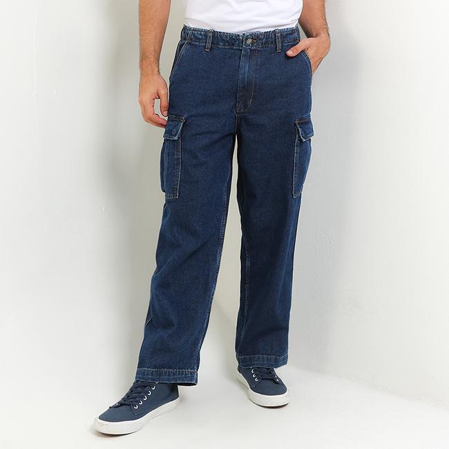 Hush Puppies Jeans Celana Jeans Cargo Pria Wide Leg Denim Katun Kantong Tempel - Blue, 30 Jeans Carg