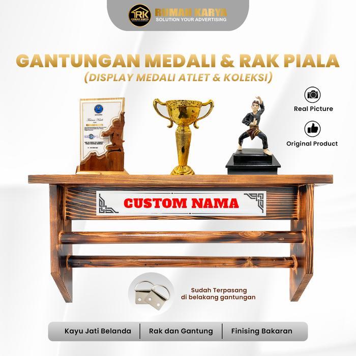 Gantungan Medali Kayu & Rak Piala Minimalis - Mendali Gantungan Display Kayu Custom Nama Acrylic UV
