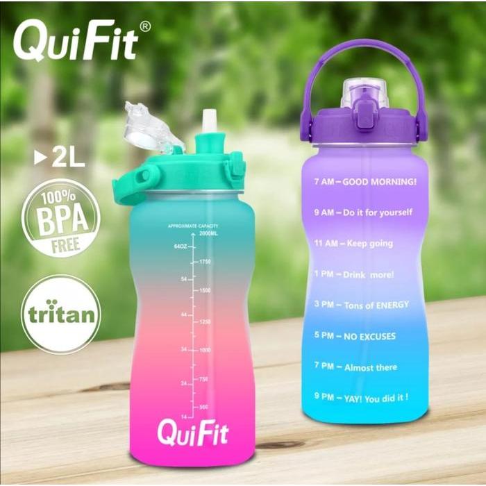 Original Quifit 2L Straw Bottle Tritan Botol Air Minum Motivasi Terbaru 