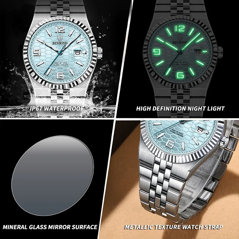 BINBOND Top Business Men's Watches Stainless Steel Textured Luminous Dial Leisure Quartz Watch