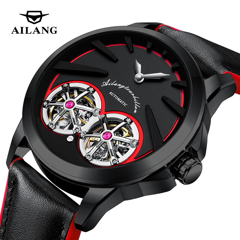 AILANG Brand Luxury Double Tourbillon Mechanical Watch for Men Fashion Leather Strap Waterproof