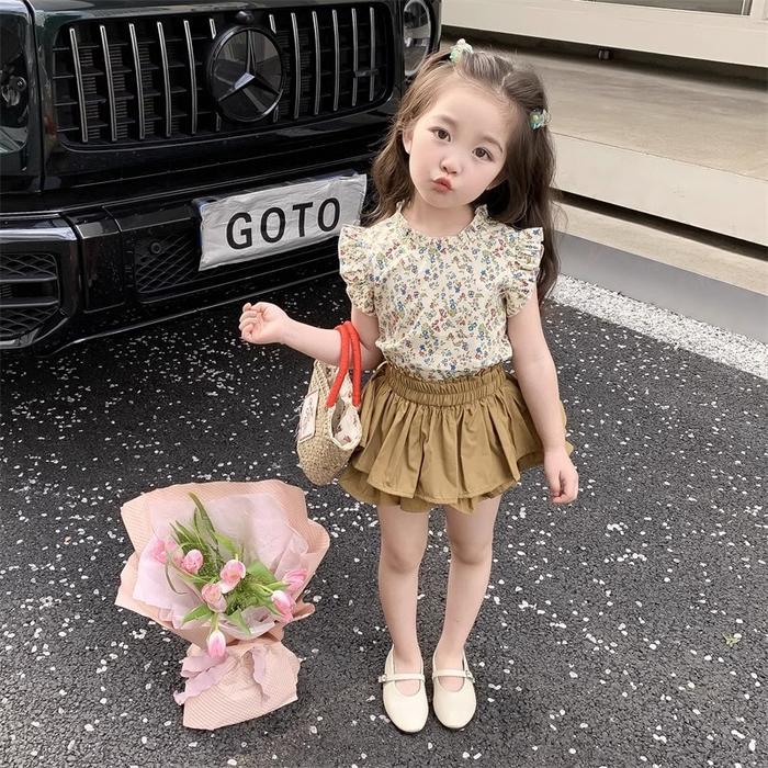 Tawana - 3004 Setelan Anak Perempuan Motif Brown Flower & Lizzie Skirt Pants Terbaru 