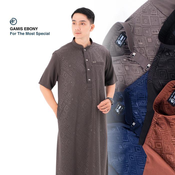 Gamis Pria Lengan Pendek Motif Batik Kotak Bahan Wolfis Embos Kancing Snap - Abu, S