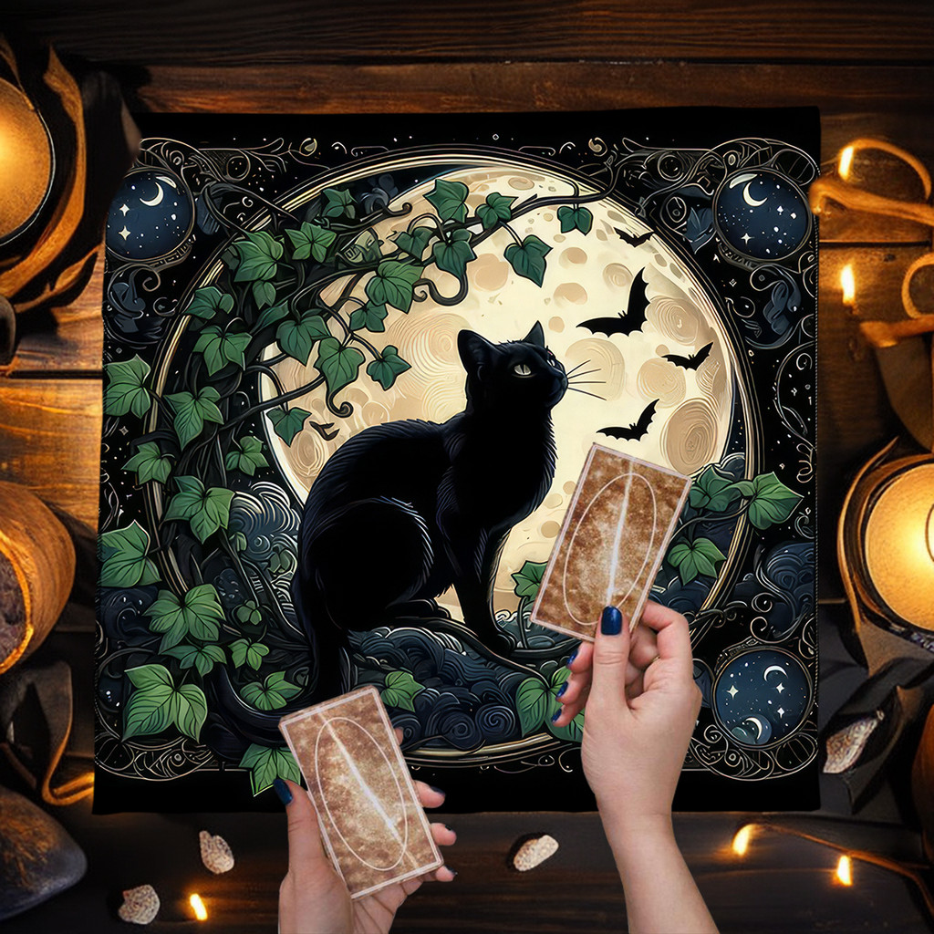 Witchcraft Black Cat Tarot Card Tablecloth Altar Cloth Moon Starry Sky Divination Tarot Mat Decor