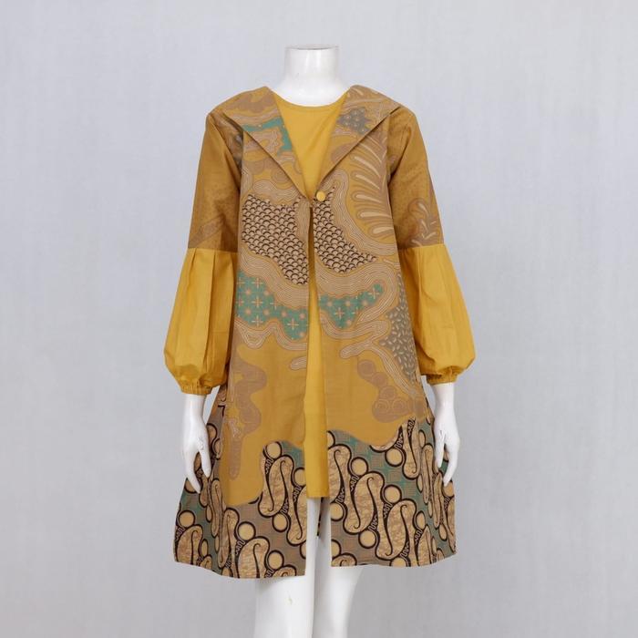 Tunik Batik Wanita Ukuran Jumbo Lengan Kombinasi Polos Warna Kunyit XXL