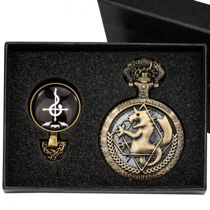 Bronze Tone Fullmetal Alchemist Gifts Sets Quartz Pocket Watch Cosplay Edward Elric Anime Pendant