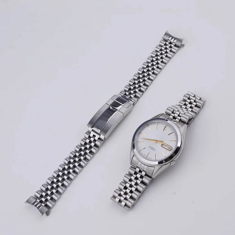Rolamy 18mm Watch Band For Seiko 5 SNKL41 SNKL43 SNKL45 SNKL47 Silver Gold Hollow CurvedEnd Solid