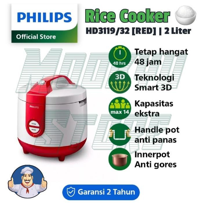 Rice Cooker Philips 2 Liter Hd3119 Hd3119/32 Golden Ceramic [Red]
