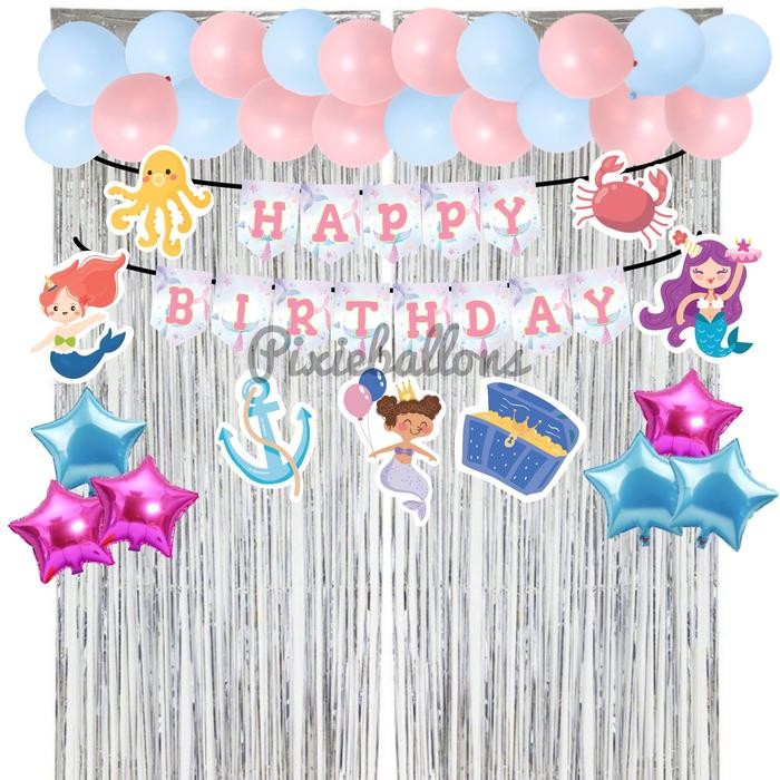 PAKET DEKORASI MERMAID DUYUNG ULANG TAHUN BIRTHDAY BANNER BACKDROP