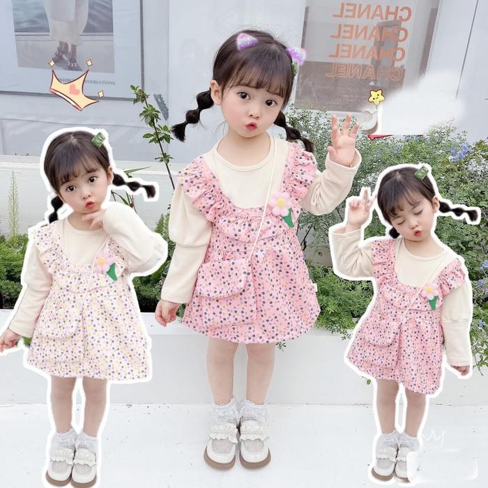 Sale Angenius Dress Gaun Rok Lengan Panjang Anak Perempuan Katun Corduroy Motif Bunga Tangkai 2In1