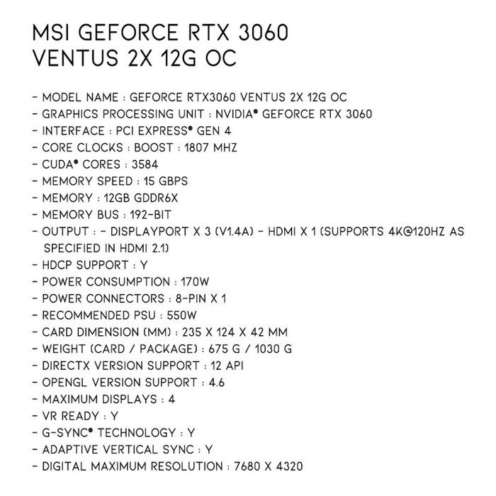 MSI GeForce RTX 3060 12GB GDDR6 Ventus 2X OC RTX3060