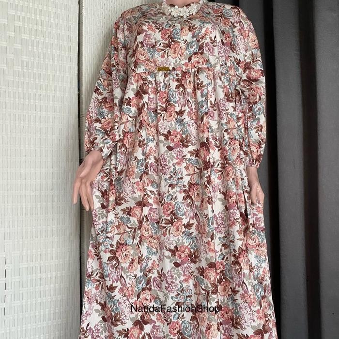 080j- Dress Gamis Midi Katun Jepang Roseflower Lengan Panjang