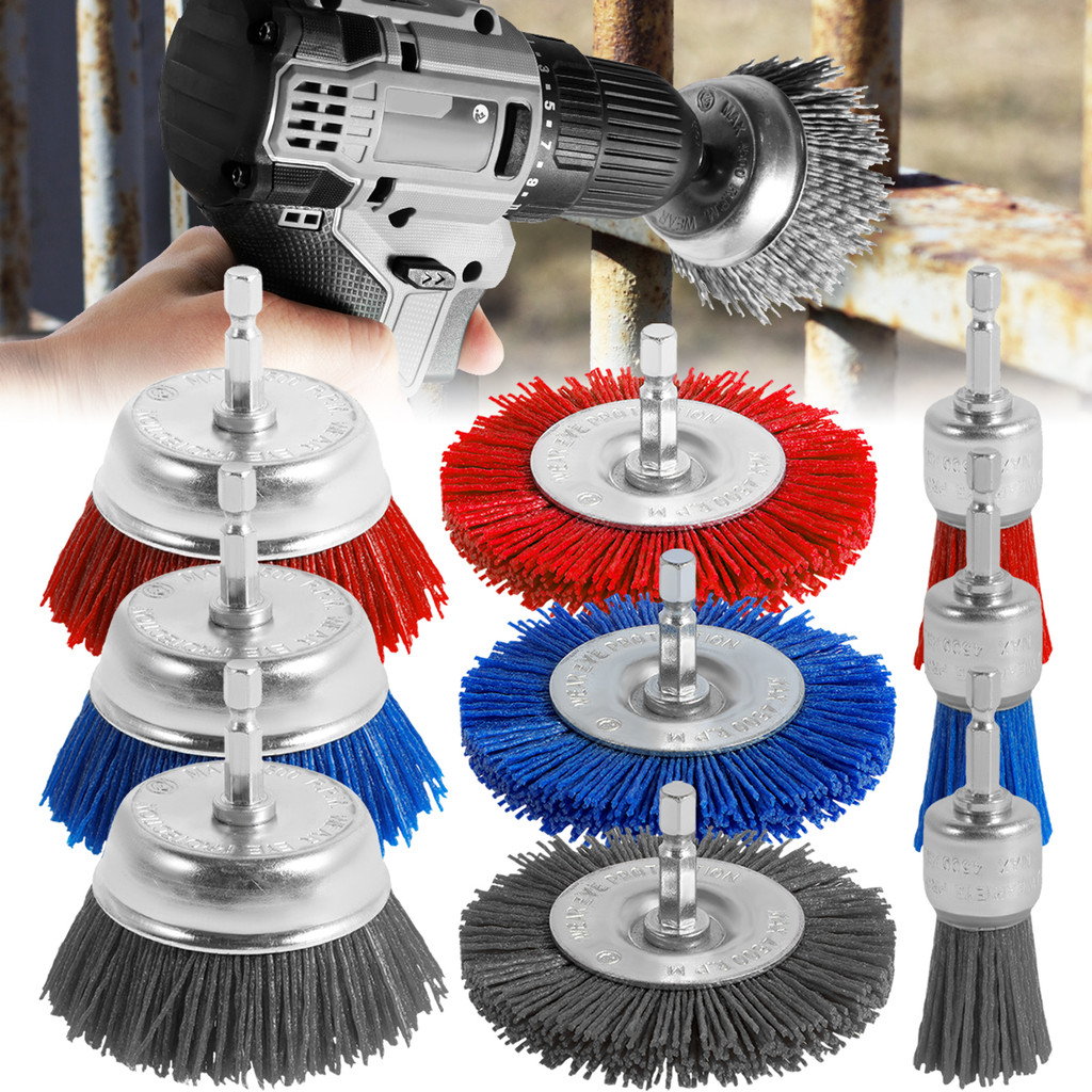 9Pcs Nylon Filament Brush 1/4inch Hex Shank Nylon Bristle Filament Abrasive Brush Drill Powered Rust