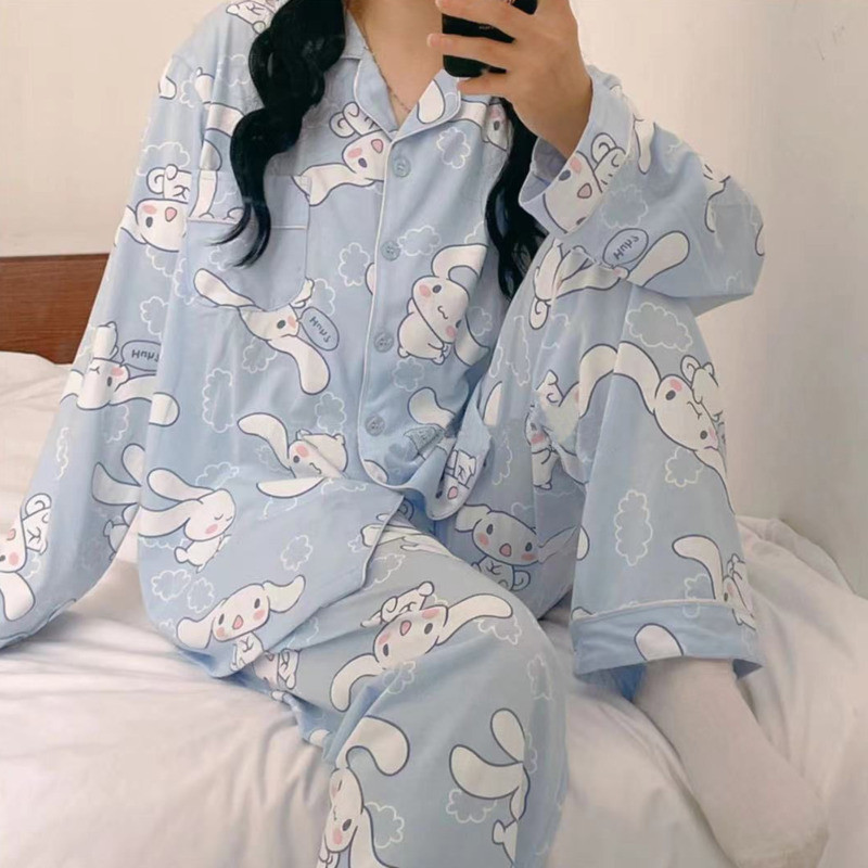Sanrio Cinnamoroll Cartoon Women's Pajama Y2k Cute Fashion Sleepwear Set Woman 2 Piece Long Sleeve H