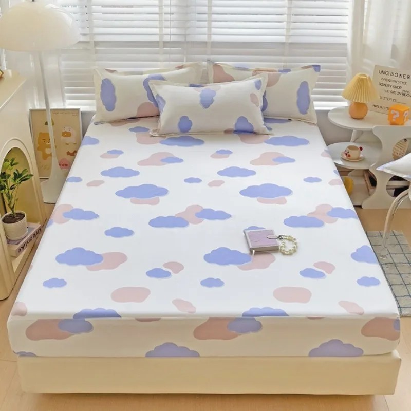 1PC Washed Cotton Fitted Sheet Non Slip Fitted Sheet Elastic Band Around Mattress Cover Bed Cover