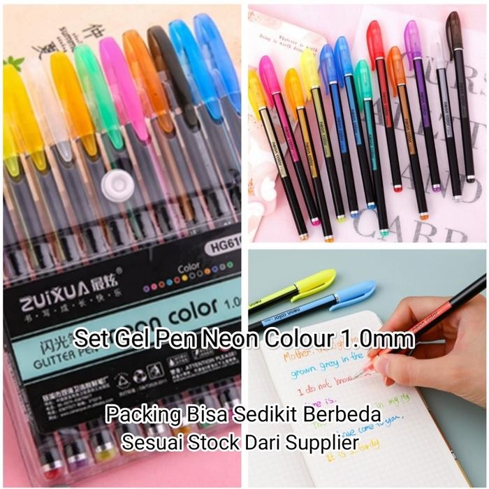 

Promo! Gel Pen Neon Colour 1.0Mm Set 12 Pcs For Writing Drawing Highlighting