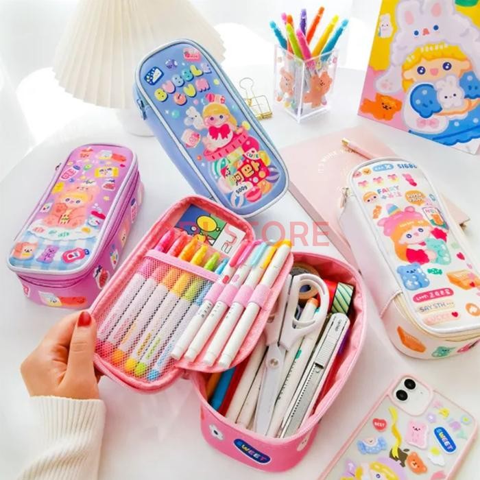 KOTAK PENSIL LUCU KOREA ANAK PEREMPUAN WANITA DEWASA KOREAN BLUE PINK