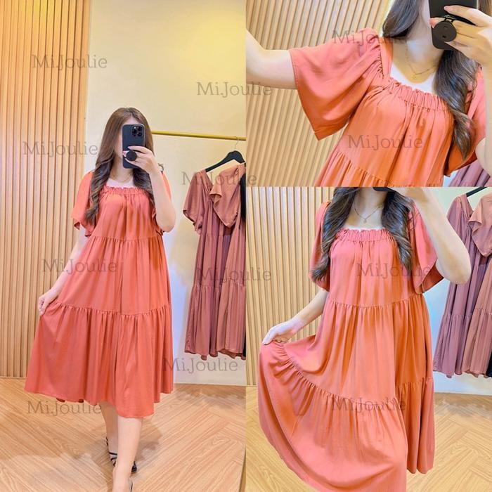 Pilihan- Naysha Midi Dress Rempel - Midi Dress Rayon Twill, Lengan Pendek, Karet