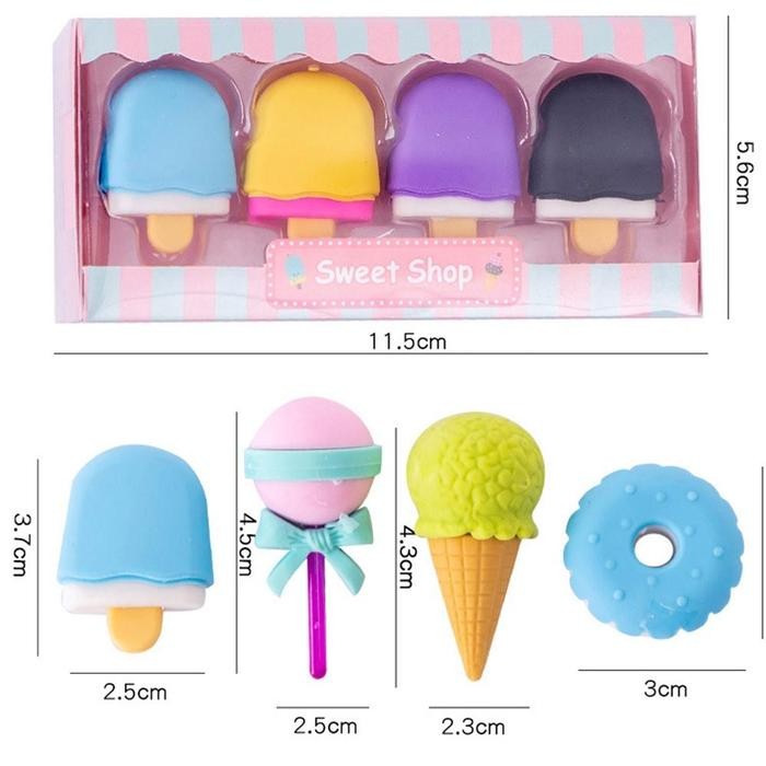 

New Penghapus Pensil Karakter Sweet Shop Cone Lolipop Ice Cream Donut Set 4 Import COD 837