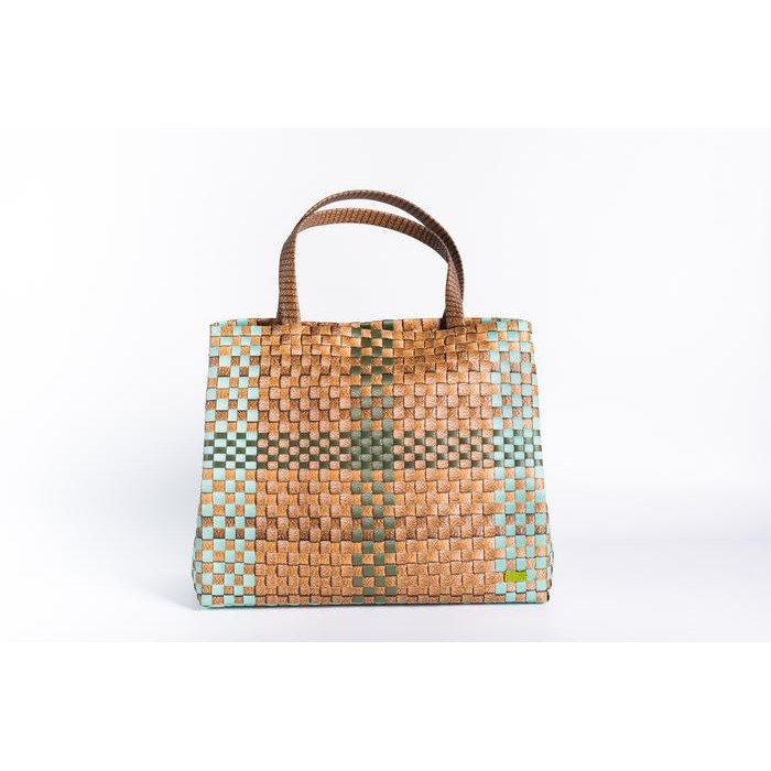 SALE Tas Belanja Wanita/Tas Anyaman "Artisan Square Tote in Aqua - Caramel"