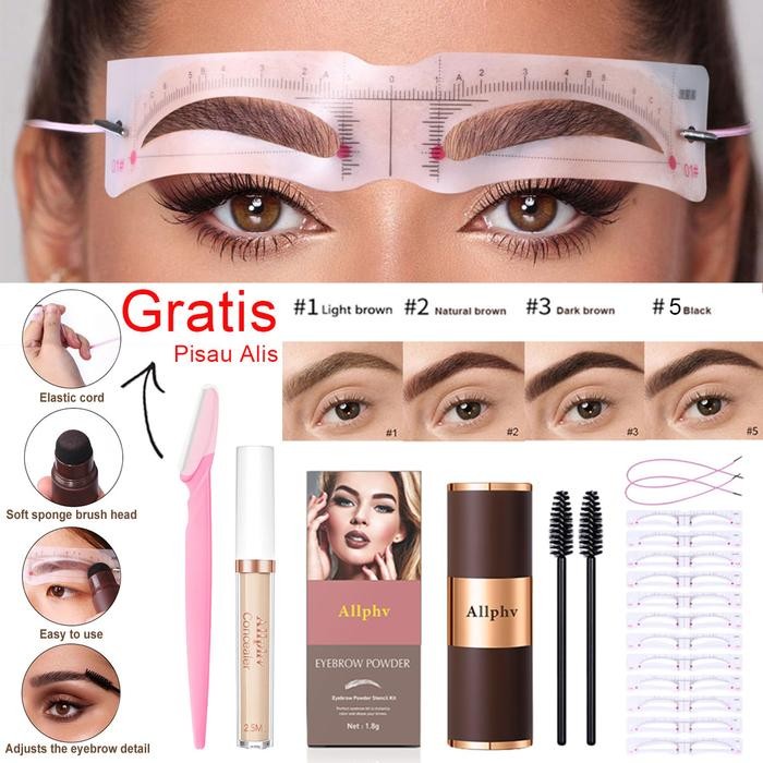 Allphv 4 warna eyebrow powder Cetakan Alis tempel dan cetakan alis tali(2 Tali) Waterproof