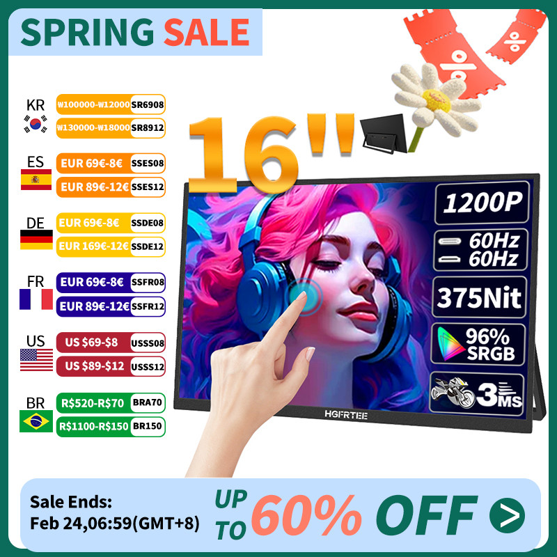 Casing Laptop HGFRTEE 16inch Touch Portable Monitor 16:10 96%sRGB 350Cd/m² Second Screen For Laptop 