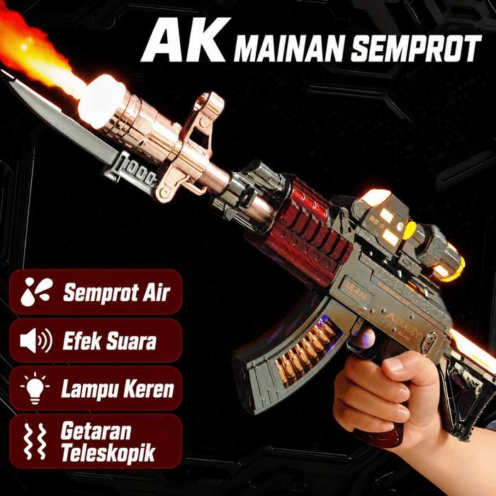 MahiToys - Mainan Anak Tembakan Suara Lampu, dan Asap Keren Spray Gun AK Asap dan Lampu
