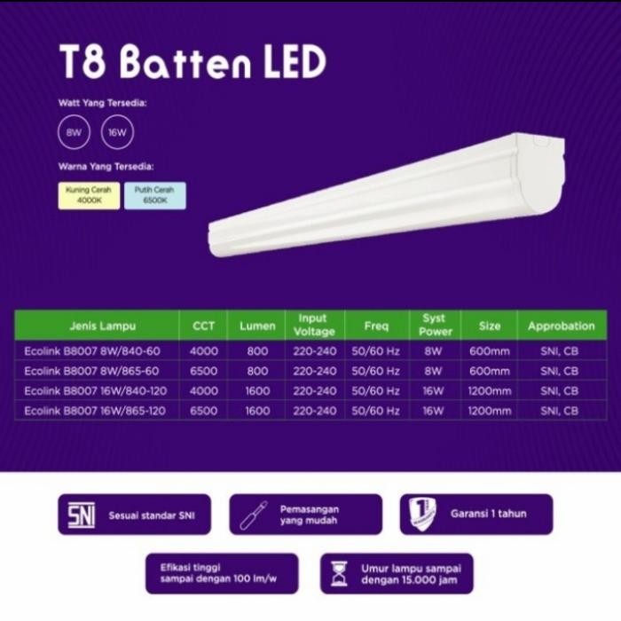 Bestbuy04 Lampu T8 Led Batten 16Watt Panjang 120Cm Putih - Ecolink