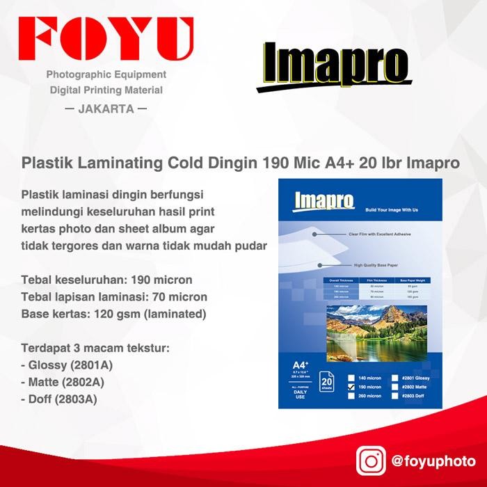 

Pilihan- Plastik Laminating Cold Dingin 190 Mic A4+ 20 Lbr Imapro Glossy Doff