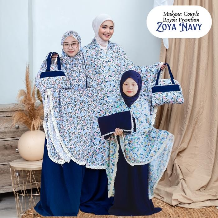 Pilihan- Mukena Couple Rayon Premium Renda Motif Zoya Navy - Mukenah Cantik