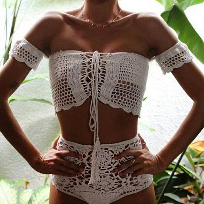 2017 Off Shoulder High Waist Crochet Beach Sexy Knitted Bikini best seller