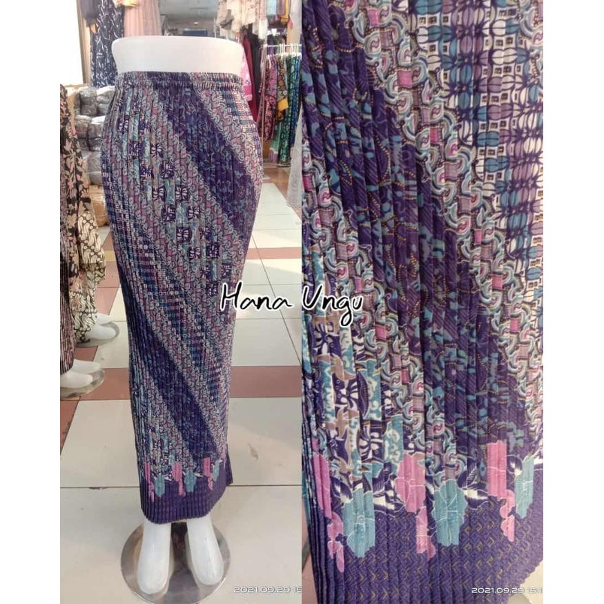 ASLI Rok Batik Wanita Plisket Bahan Semi Sutra Motif Hana Ungu READY STOCK