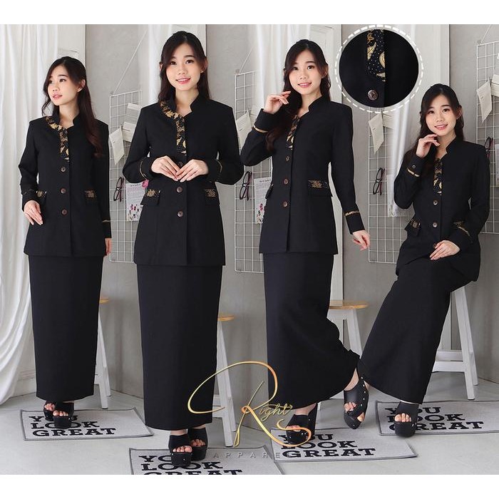 ASLI [VANERICK] - Jas Blazer Seragam Wanita HITAM Stelan Rok Span / Celana panjang Detail Batik
