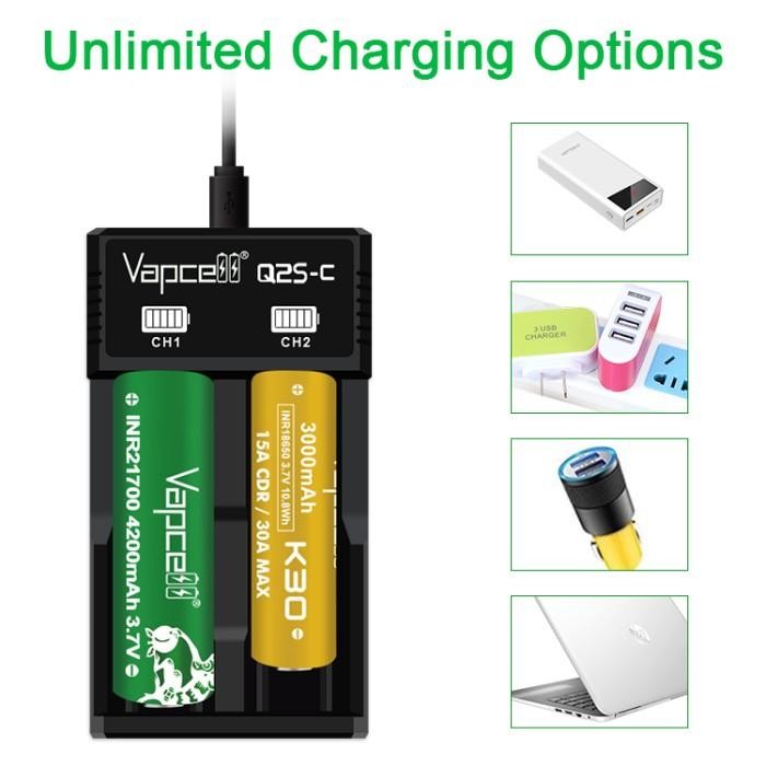 Original VAPCELL Q2S-C Battery Charger baterai batre 18650 21700 cas Li-ion type-c 2 slot authentic