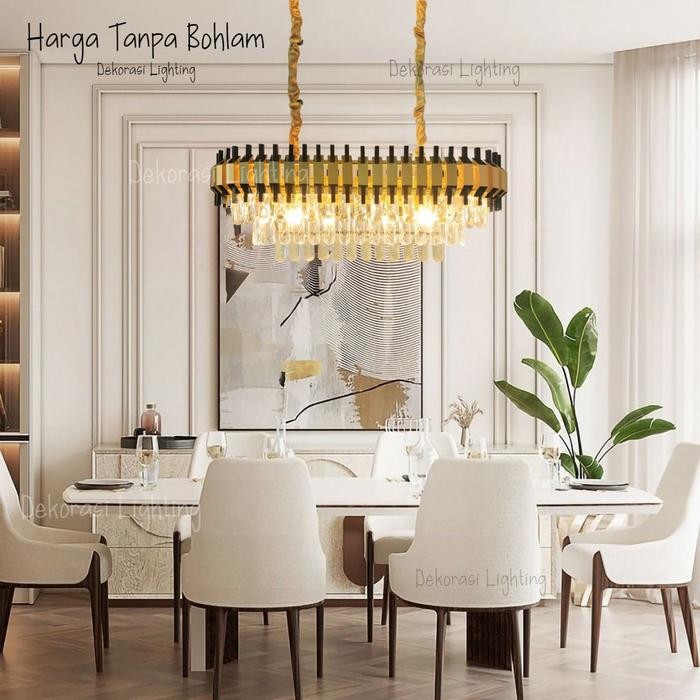 Unik Lampu Gantung Kristal Panjang 80Cm Gold + Hitam 3 Susun Meja Makan Terlariss 
