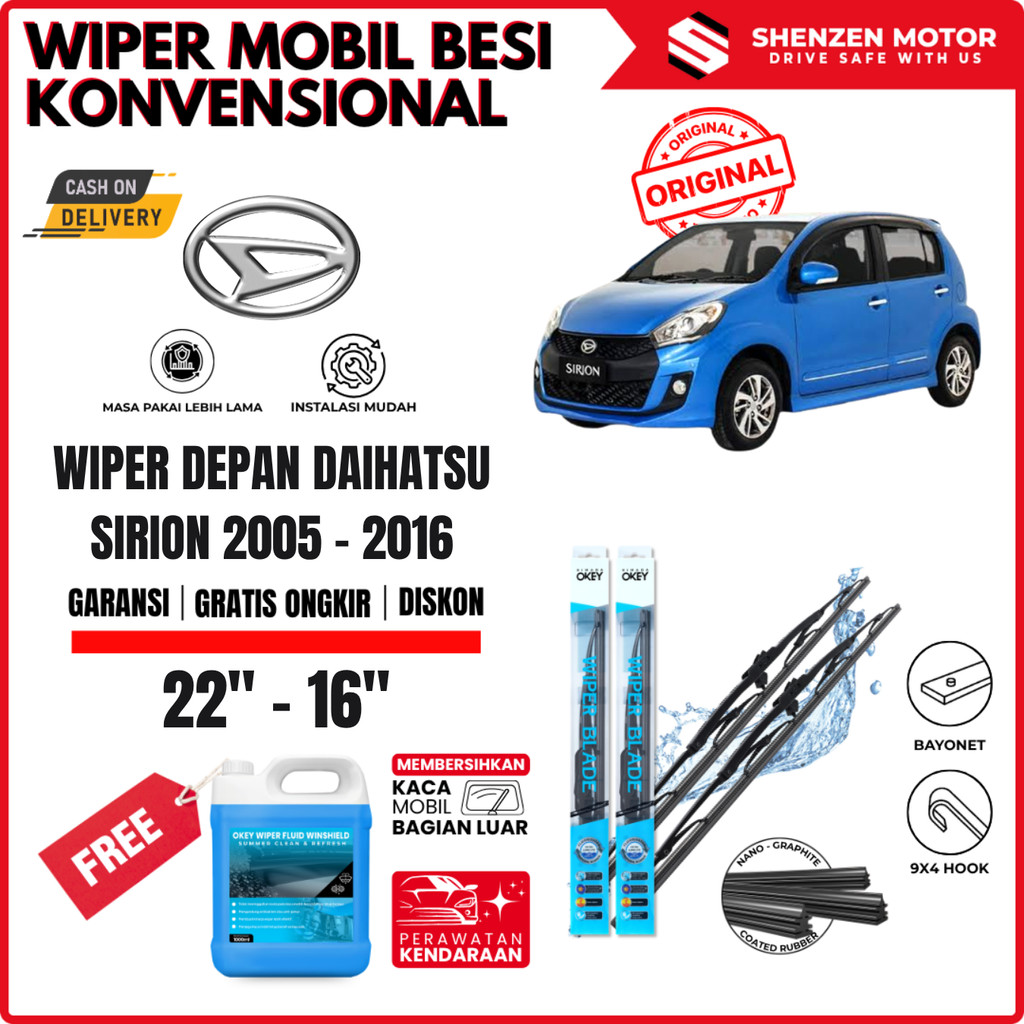 Wiper Daihatsu Sirion 2005-2017 Konvensional Kaca Depan Mobil Free Wiper Fluid