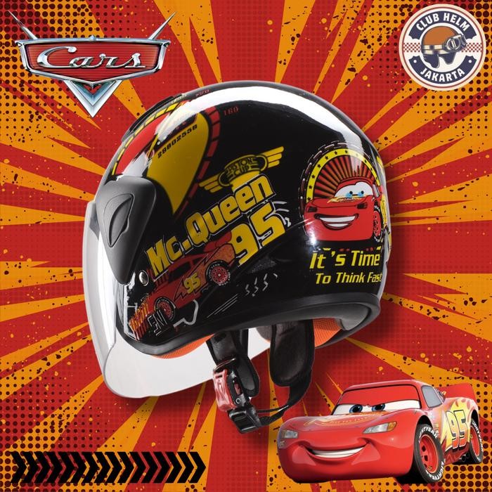 Helm Anak Junior Half F Karakter Cars Mcqueen Hitam Untuk Sepeda Motor