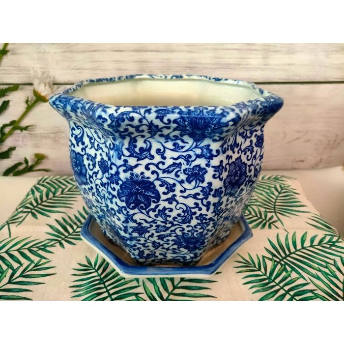 Pot Bunga Keramik Cina Biru Putih Motif Bunga Mawar Size L