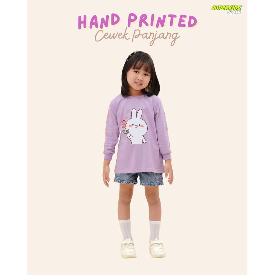 Pilihan- Kaos Anak Perempuan Lengan Panjang Hand Printed Warna Pink Hitam Putih Abu Ungu Kuning