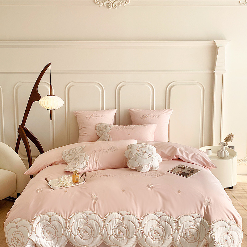 Pink Green Cute Flowers Embroidery 1000TC Egyptian Cotton 4Pcs Bedding Set Quilt Cover Bed Comforter