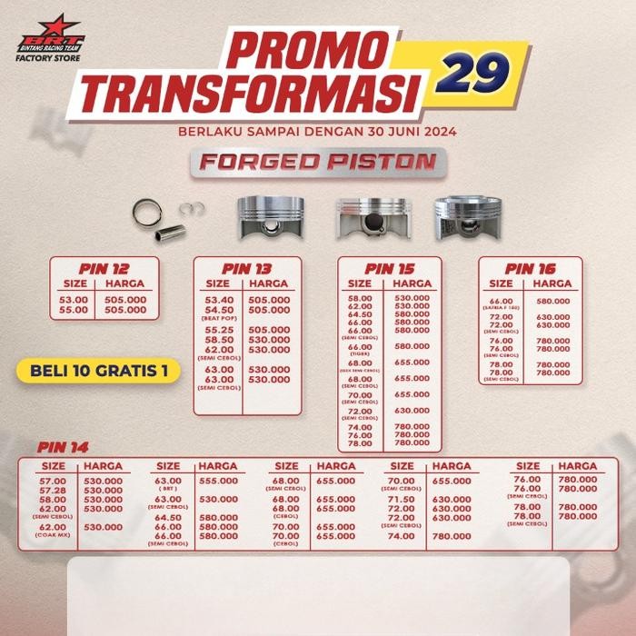 Ready Forged Piston BRT PIN 12 PIN 13 Piston 53.00/55.00/53.40/54.50/55.25 MM