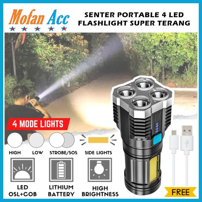Senter 4 LED + COB Light Super Terang L-S03 Senter Rechargeable 4 Mode