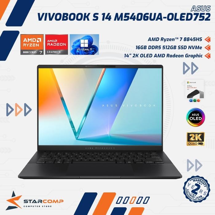 Asus Vivobook S 14 M5406UA-OLED752 AMD Ryzen 7 8845HS 16GB 512GB 14" OLED 2K W11 OHS - Neutral Black