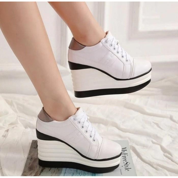 Ready Sepatu Wanita Sneakers Putih White Wedges Hak Heels 7 Cm Premium Korean Style Modis Kekinian